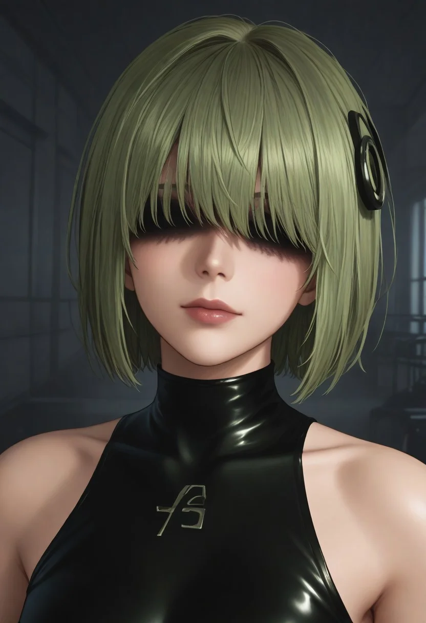 1girl, solo, solo focus, highres, absurdres, CL_Dummy, short hair, long bangs, hair over eyes, light green hair, lipstick, shiny lips, brown lips, circle hair ornament, covered eyes,
black leotard,
looking at viewer, head tilt, light smile, closed mouth, close-up, face focus,
factory, industrial pipe, stasis tank, dark,