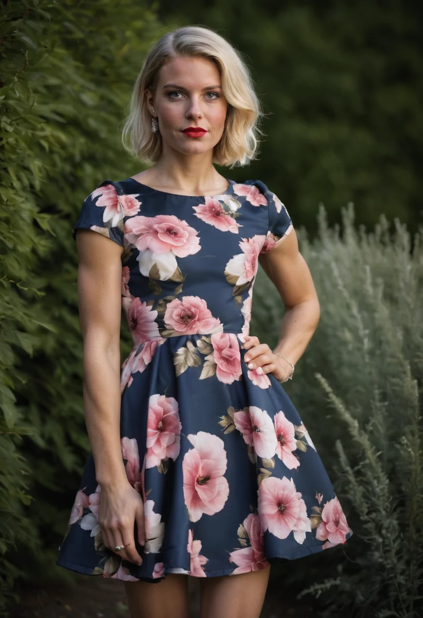 source_realistic photograph, (full body photo), a 24yo femboy, pectoral, toned, ((flat chest)), wearing a floral dress by chi chi london, short sleeves, heels,  at wedding party, <lora:slimwoman:0.8> slimwoman