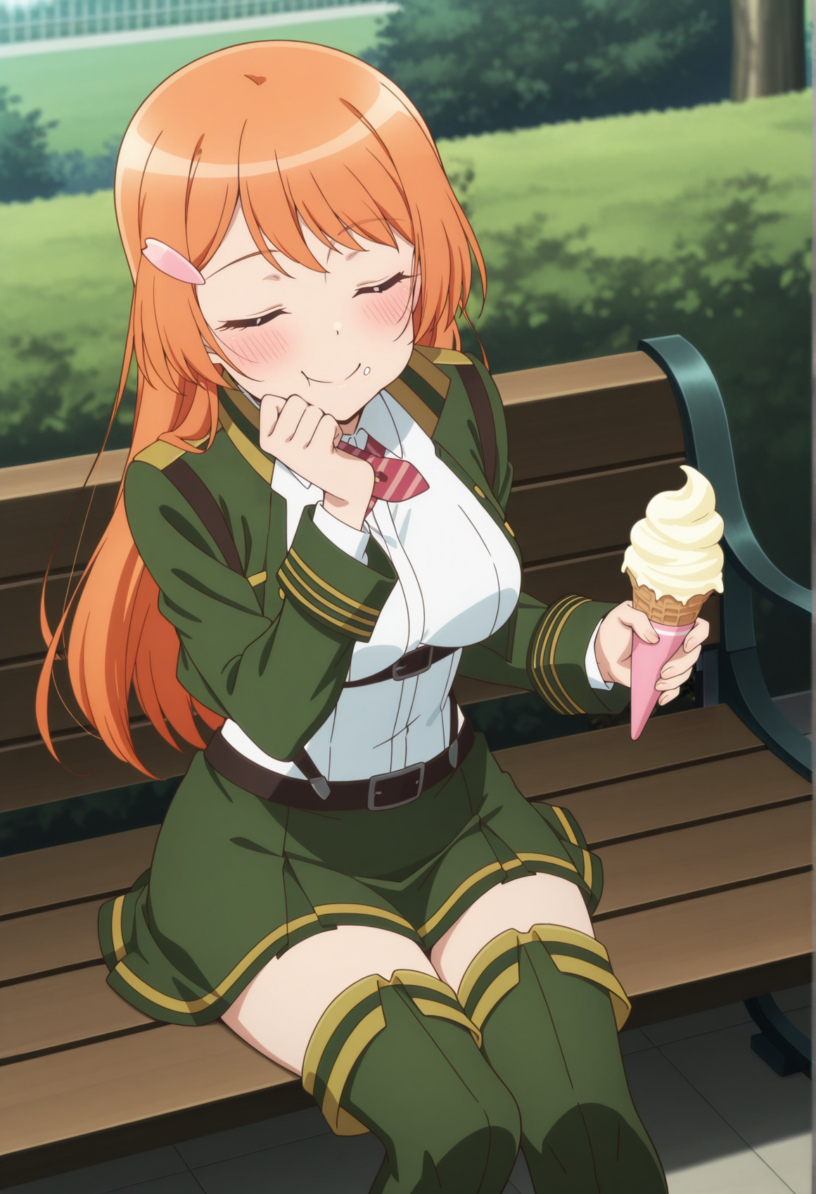 anime screenshot, anime screencap, anime coloring, 1girl, orange hair, long hair, blue eyes, hairclip, military uniform, white shirt, bowtie, cropped jacket, belt, strap, pleated skirt, thigh boots, outdoors, solo, holding ice cream cone, smile, hand on chin, closed eyes, blush, happy, eating <lora:otori_35th:1> sitting, bench, masterpiece, best quality, amazing quality, very aesthetic, absurdres, highres, newest