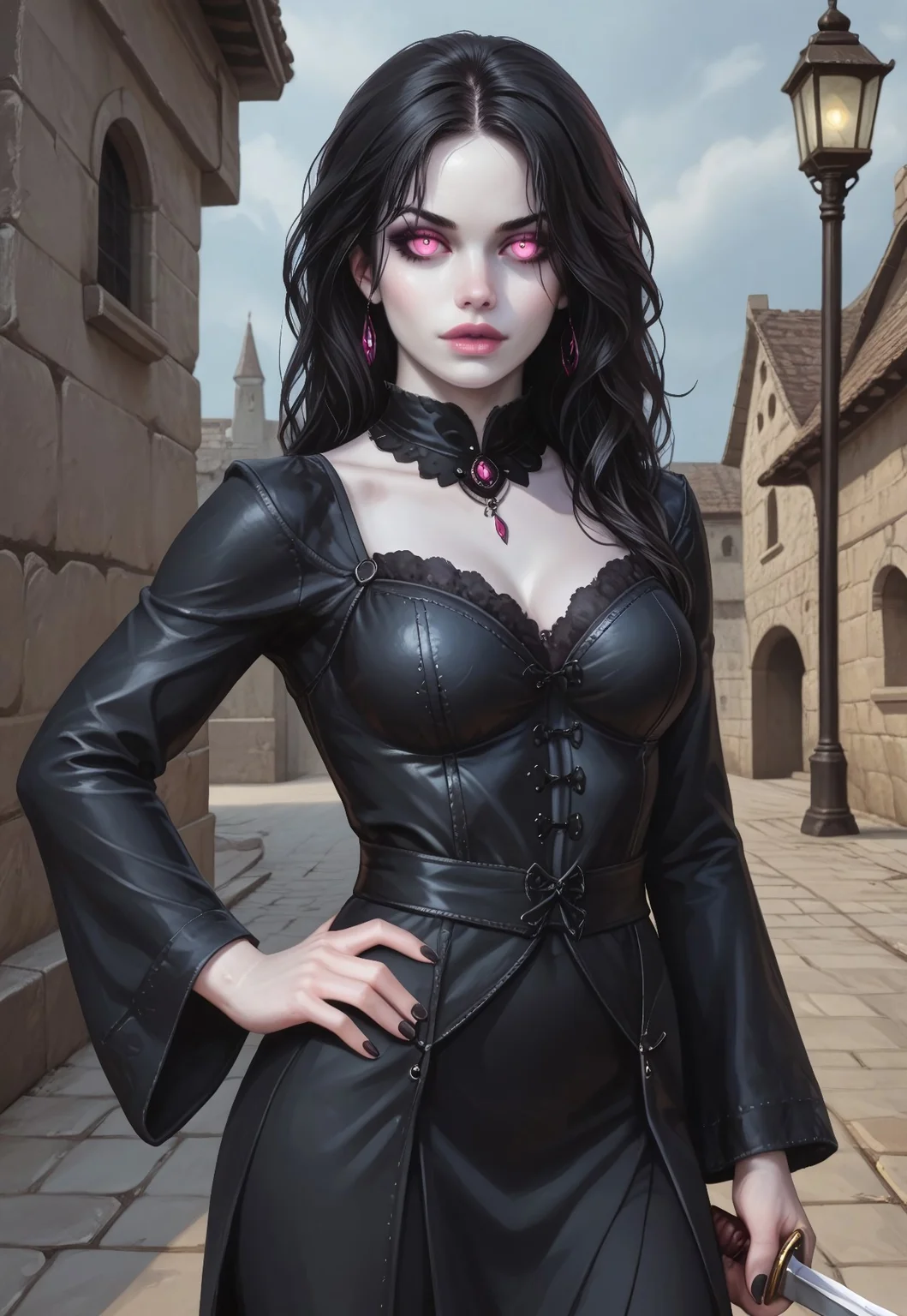 safe_pos, core_9, score_8_up, score_8, semi realistic, ultra detailed, 8k, high quality, hi res, high quality, detailed eyes, perfect eyes, detailed face, 1girl, sharp focus, cowboy-shot, focus on hip, (1girl:1.2), ((shadow weaver, dark ethereal robes)), (((shadow dagger))), (pale skin with dark veins:1.6), ((long flowing black hair with silver streaks, realistic, cinematic angle, cinematic lighting, slender body, mysterious face, glowing violet eyes, stealthy pose))
BREAK
emerging from a dark alleyway in a gothic city at twilight
BREAK
source_dark_fantasy_art, rating_explicit, expressive, half body, dynamic pose
BREAK
((detailed beautiful background, gothic architecture, flickering street lamps, misty atmosphere, ancient stone buildings, eerie shadows, mysterious ambiance))
(((full clothed)))