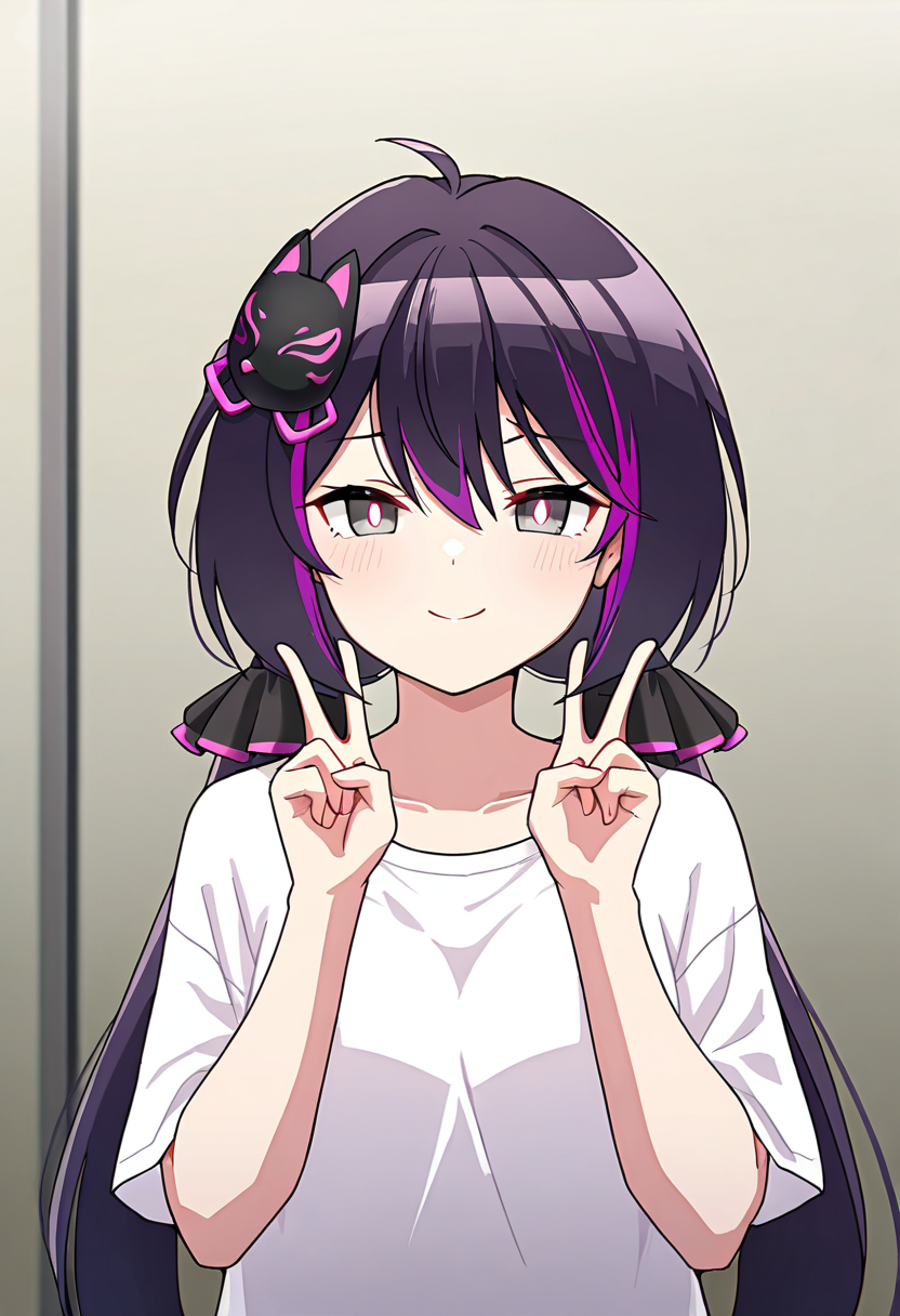 <lora:desiredhana_IXL-10:0.7>,1girl,desiredhana,fox mask on head,low twintails,
best quality,amazimg quality,masterpiece,white shirt,double v,grey eyes,bright pupils,black hair,purple hair,multicolored hair