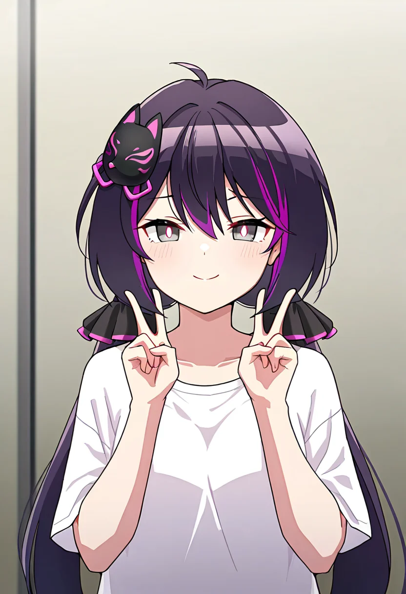 <lora:desiredhana_IXL-10:0.7>,1girl,desiredhana,fox mask on head,low twintails,
best quality,amazimg quality,masterpiece,white shirt,double v,grey eyes,bright pupils,black hair,purple hair,multicolored hair
