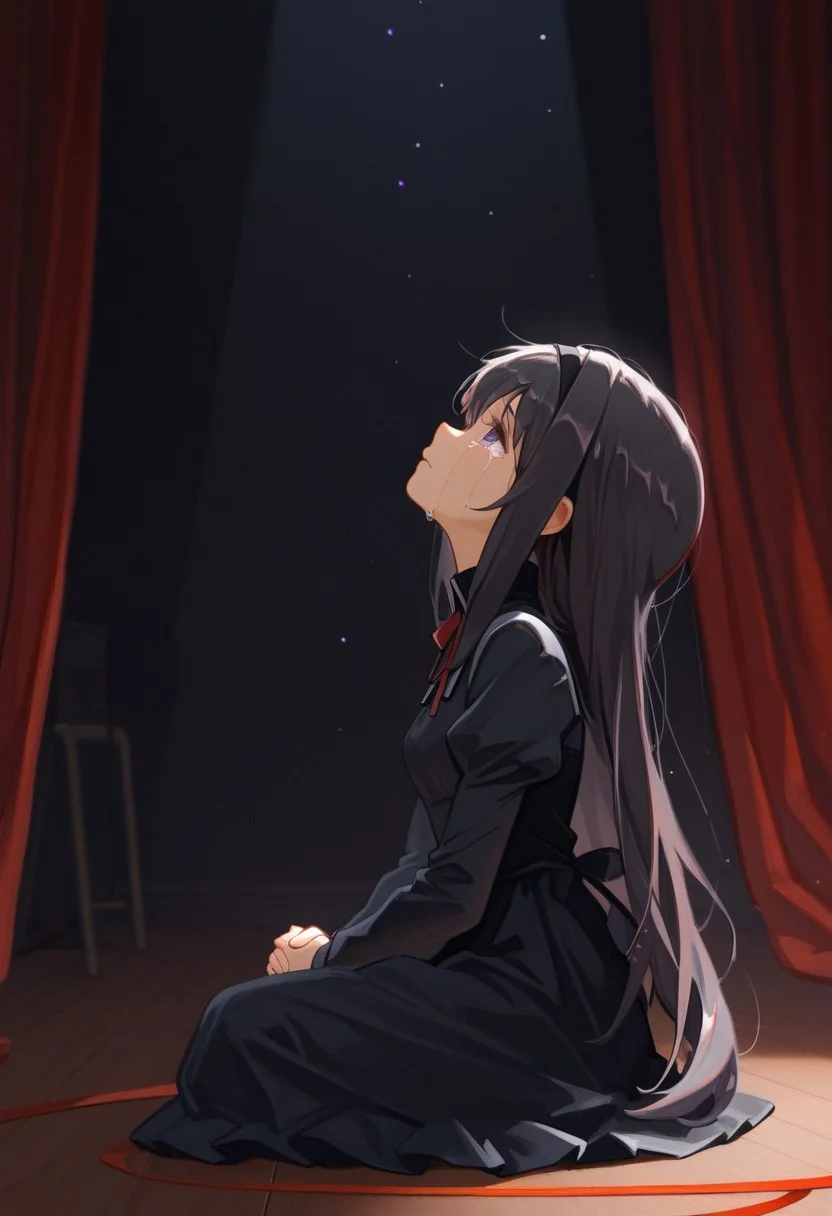 1girl, akemi homura \(black dress\), own hands clasped, looking up, crying, sitting, on floor, black hairband, red ribbon, indoors, stage, red curtains, spotlight, dark, shade, light particles, from side, close-up, impasto, painting \(medium\), masterpiece, best quality, good quality