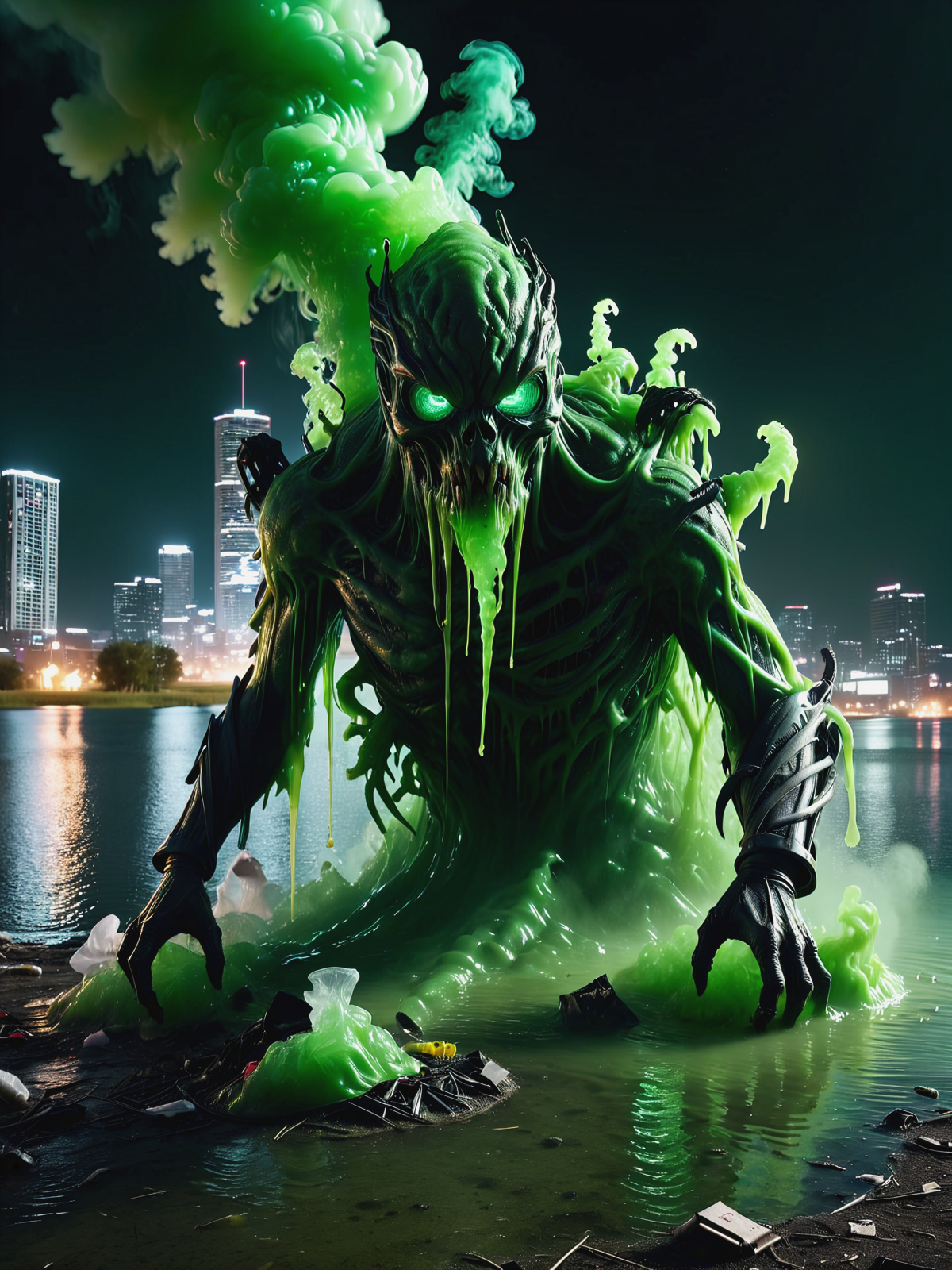 mad-txcsprt monster emerging out of polluted lake, (green goo, garbage:1.3), green smoke, night, cyberpunk cityscape,  <lora:Neon_Cyberpunk_Toxic_Spirits_SDXL:0.6>, raw photo, film grain, (photorealistic, realistic:1.2), deep shadow,  8k, uhd, dslr, ultra high res