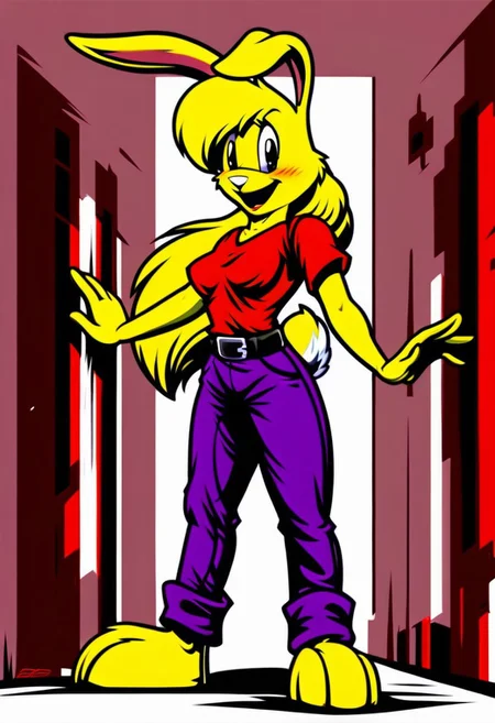 score_9, score_8_up, score_7_up, score_6_up, score_5_up, score_4_up, retro artstyle, BREAK
LoriJackRabbitPXL, rabbit girl,long yellow hair,yellow skin,1girl, solo,rabbit tail,yellow skin, animal ears, pants, black eyes, colored skin,rabbit ears,long yellow hair, belt, smile, shirt, black belt, open mouth, looking at viewer,rabbit girl,rabbit tail, full body, breasts, standing, furry female, blush, red shirt,purple pants, :d, indoors,barefoot,furry, midriff peek
<lora:lorijackrabbit-v1:0.9>