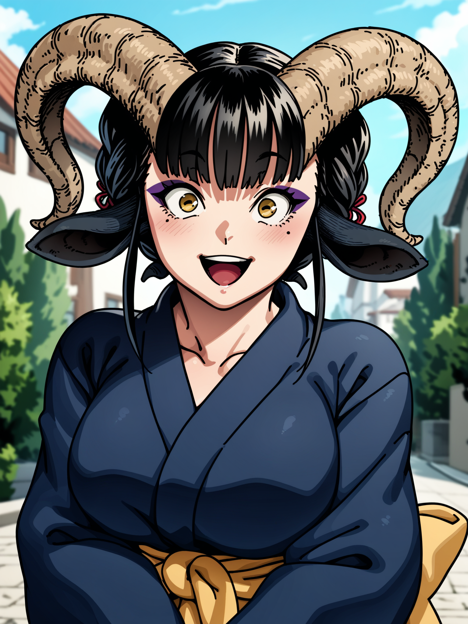<lora:happy_tentacle-maya-v0.6-000026:1>, ht_maya, satyr, goat girl, goat horns, goat tail, hooves, horizontal pupils, yellow eyes, eyeshadow, yukata, outdoors , 1girl, solo, upper body , unusually open eyes , (happy :1.1), , looking down , standing , facing viewer , score_9, score_8_up, score_7_up, score_6_up, score_5_up, score_4_up
