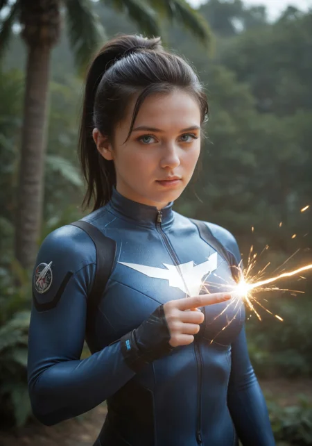 safe_pos, score_9, score_8, score_7, score_6, highres, high-quality, 4k, 8k, Lucy Ria Christensen, Lucy Ria Christensen forehead, Lucy Ria Christensen chin, Lucy Ria Christensen face, blue eyes, black hair, ponytail hair, superhero suit, lightning sparks, super power, high voltage, lighting strikes on palm of hand