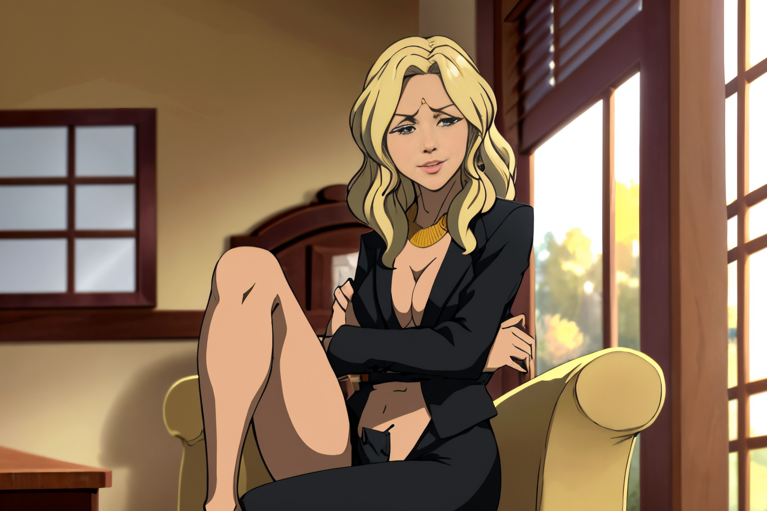 Gujaratis (India) 46 years old woman Blonde Loose Waves, in the Dining room, Sitting with one leg bent and foot resting on opposite thigh, Black blazer with dress pants, EdobBoondocksArtStyle  <lora:EdobBoondocksArtStyle_v2.0:0.8>
