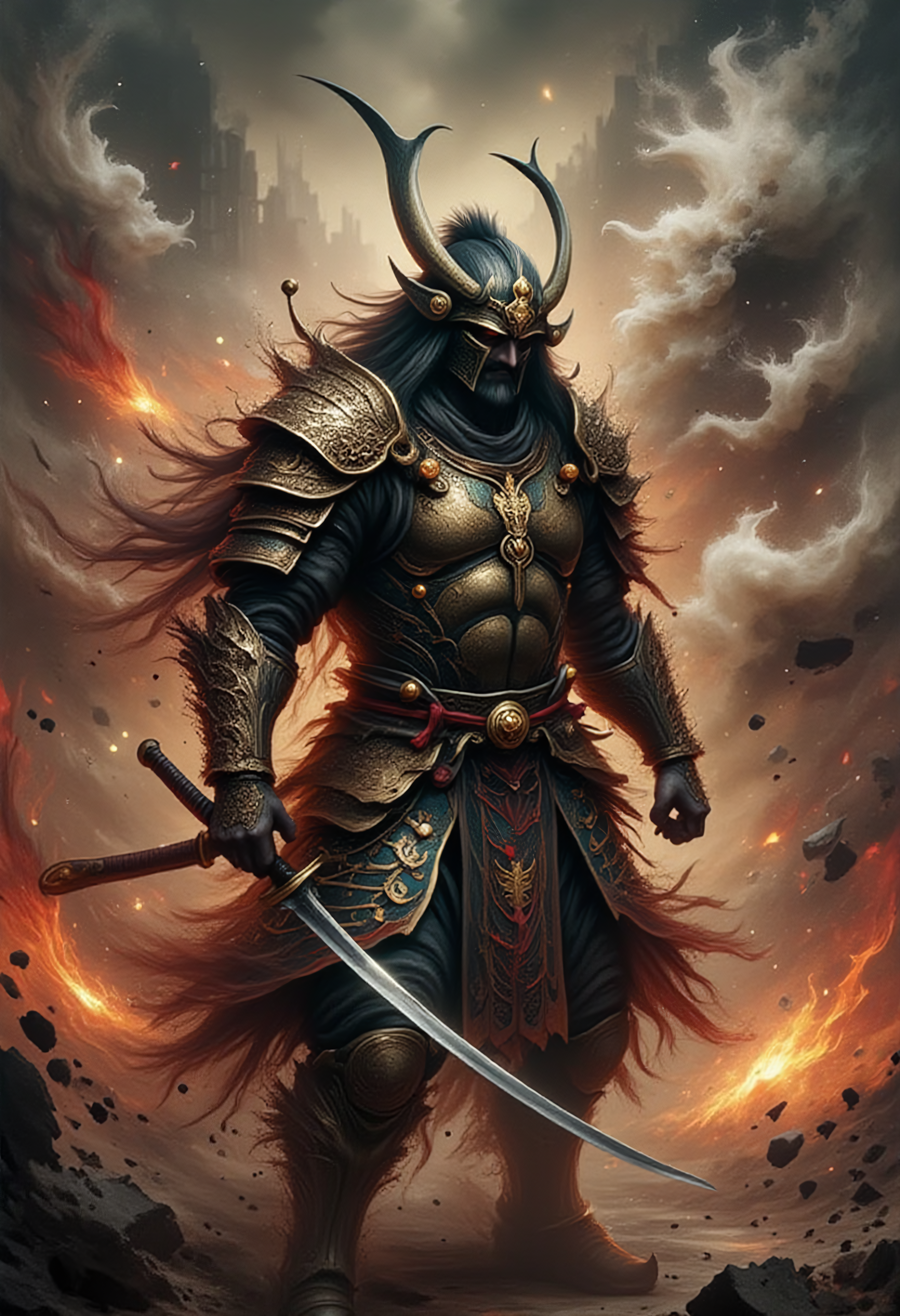 An imposing traditional Japanese Samuri warrior adorned in a Royal horned helmet, decorated with intricate golden patterns and gems, stands ready for battle. He wields a Ådachi with flowing red and gold tassels, its blade gleaming with power. By his side, a spectral horse materializes, exuding an ethereal presence. Flames and burning buildings encircle the scene, amplifying the sense of dynamic motion and mystic energy. His armor is richly detailed, reflecting an ancient and noble heritage, and his stance radiates readiness and strength. The atmosphere is engulfed in magic and mystery, blending an air of spirituality with the majesty of a mythic battle. The scene captures an epic, otherworldly essence, balancing traditional elegance with a powerful, mystical aura