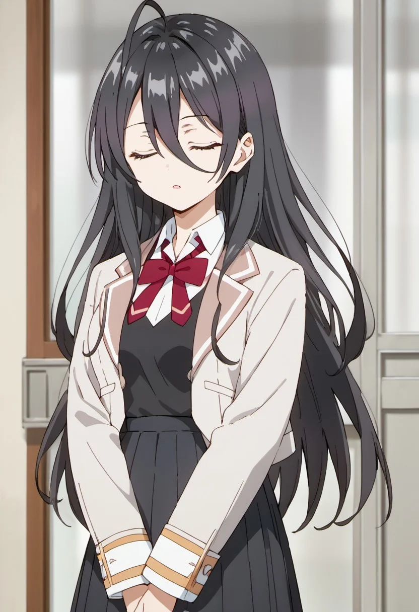 score_9, score_8_up, score_7_up, source_anime, ayano kimishima, long hair, black hair, hair between eyes, purple eyes, 1girl, solo, closed eyes, ahoge, school uniform, jacket, bow, skirt, red bow, bowtie, long sleeves, white jacket