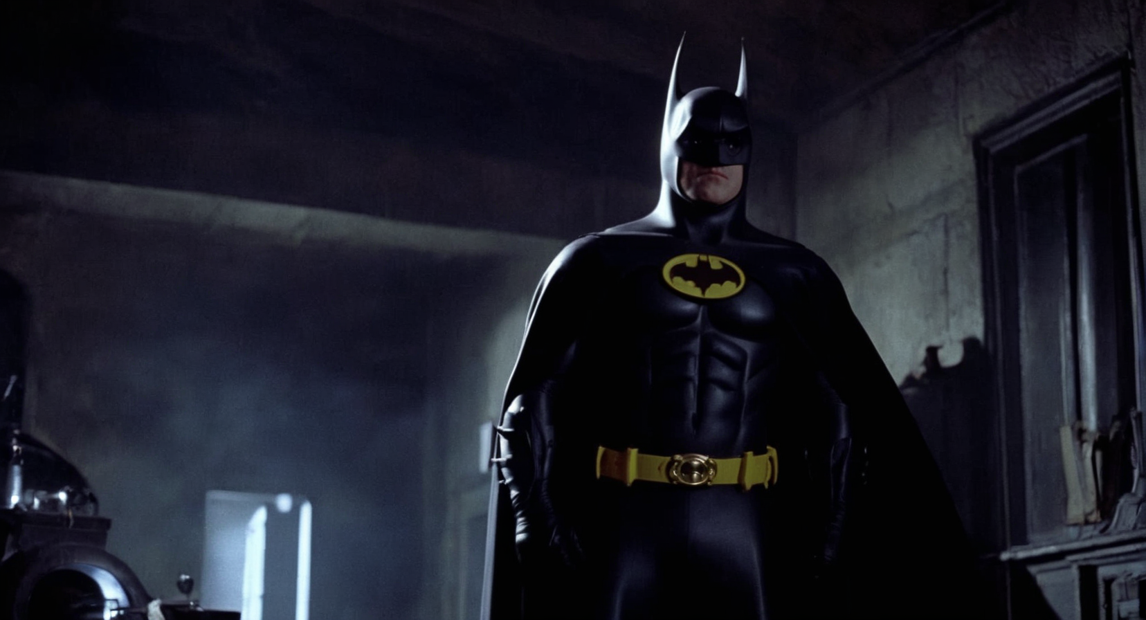comic book art of  Cinematic Film stock footage in (arri alexa style) Kodak film print,   <lora:batman 1989:1> batman 1989 a batman costume is shown in a dark room, comic art, graphic novel illustration