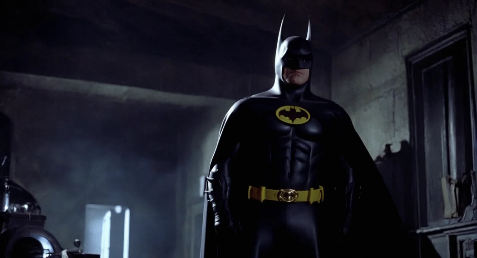 comic book art of Cinematic Film stock footage in (arri alexa style) Kodak film print, <lora:batman 1989:1> batman 1989 a batman costume is shown in a dark room, comic art, graphic novel illustration