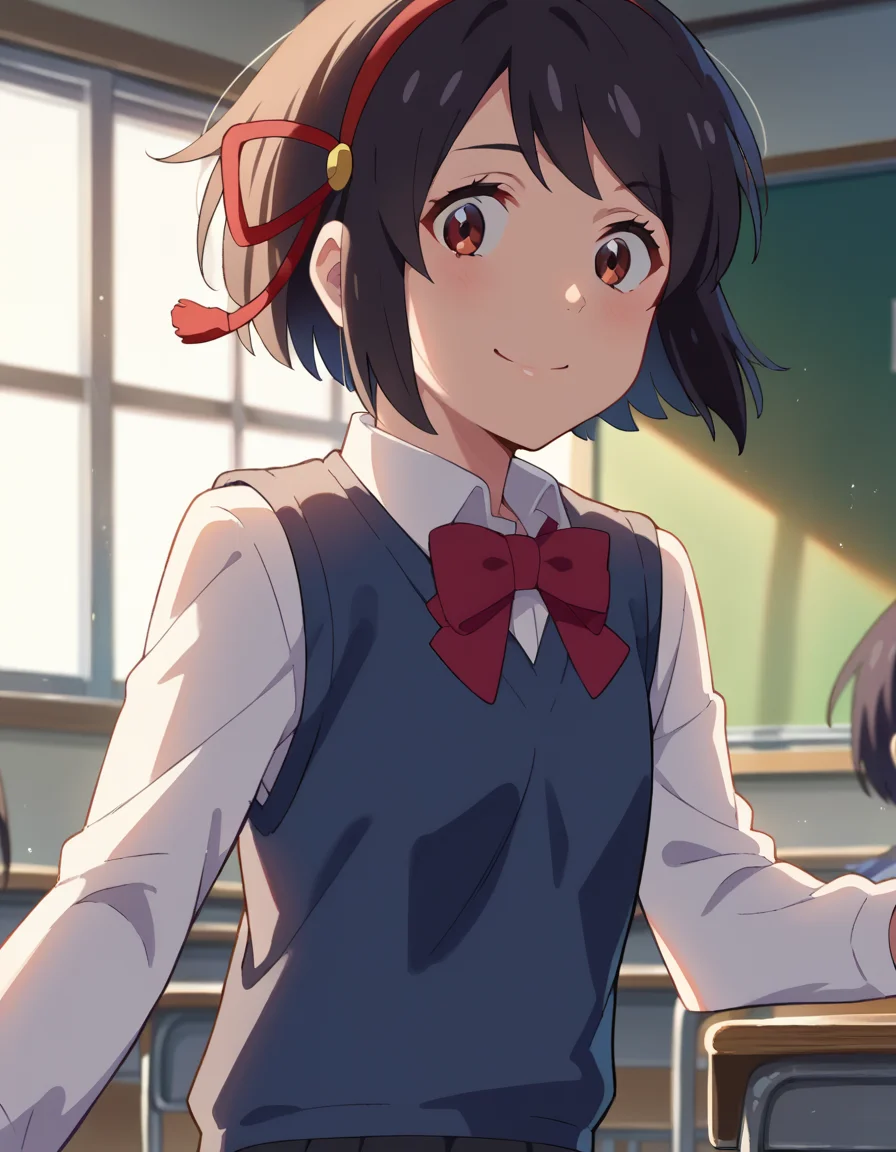 score_9, score_8_up, score_7_up, source_anime,
mitsuhamiyamizu, <lora:mitsuha-miyamizu-ponyxl-lora-nochekaiser:1>,
mitsuha miyamizu, black hair, brown eyes, smile,
short hair, hairband, ribbon, school uniform, hair ribbon, red ribbon, sweater vest, blue sweater vest, shirt, white shirt, collared shirt, long sleeves, skirt, black skirt, pleated skirt,
indoors, classroom,
looking at viewer, dutch angle, cowboy shot, dynamic pose,