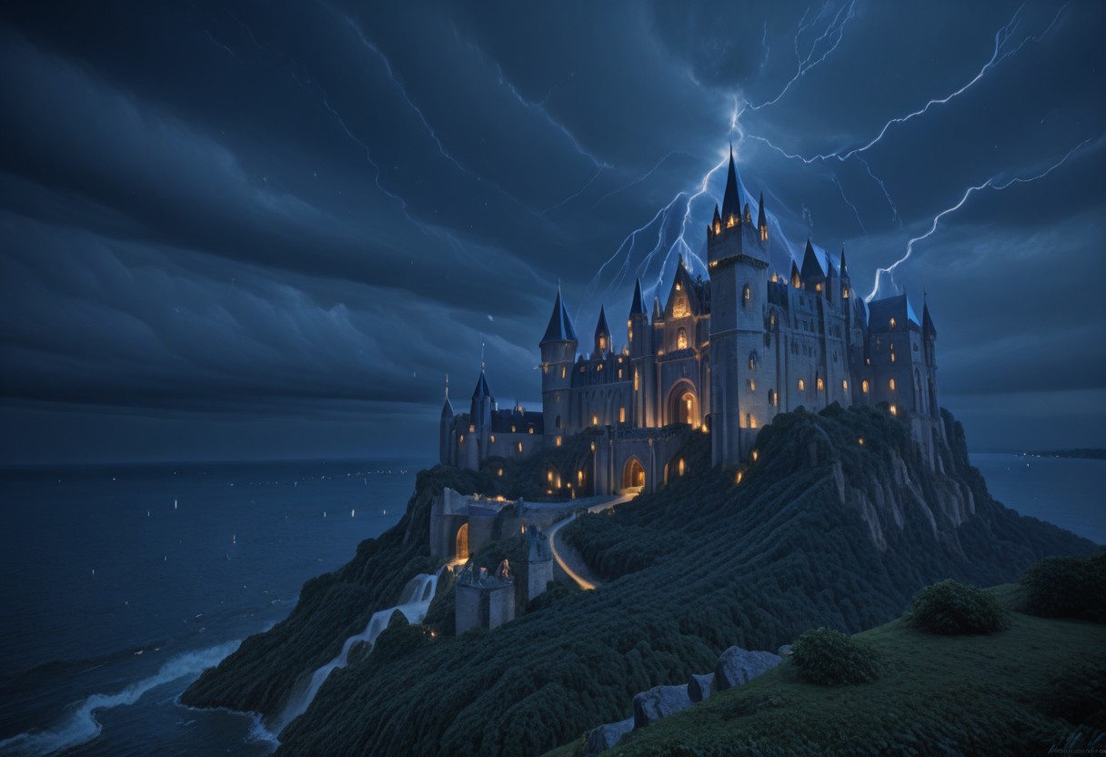 masterpiece,best quality,amazing quality,very aesthetic,high resolution,ultra-detailed,absurdres,newest, outdoors, mw01out, mwl01, castle, castle on the edge of a cliff, white walls, purple turrets, nighttime, night, thunderstorm in the distance, thunderclouds, overlooking the ocean, stormy