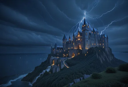 masterpiece,best quality,amazing quality,very aesthetic,high resolution,ultra-detailed,absurdres,newest, outdoors, mw01out, mwl01, castle, castle on the edge of a cliff, white walls, purple turrets, nighttime, night, thunderstorm in the distance, thunderclouds, overlooking the ocean, stormy