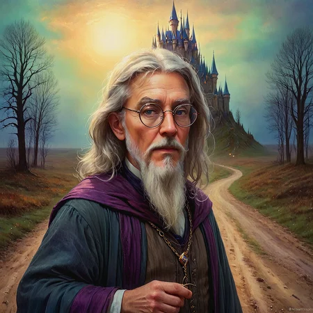Spellbound. 
A closeup painting of a wizard standing on the dirt road in the foreground, looking at the viewer. Wearing wire-rimmed spectacles.

Princess castle in the background. 

Fantasy style. Soft dreamy watercolor. Dark. Atmospheric. Dark tones. Moody.

<lora:Tonalism01b_CE_XL_300-OT:0.8> tnlsmCE_style