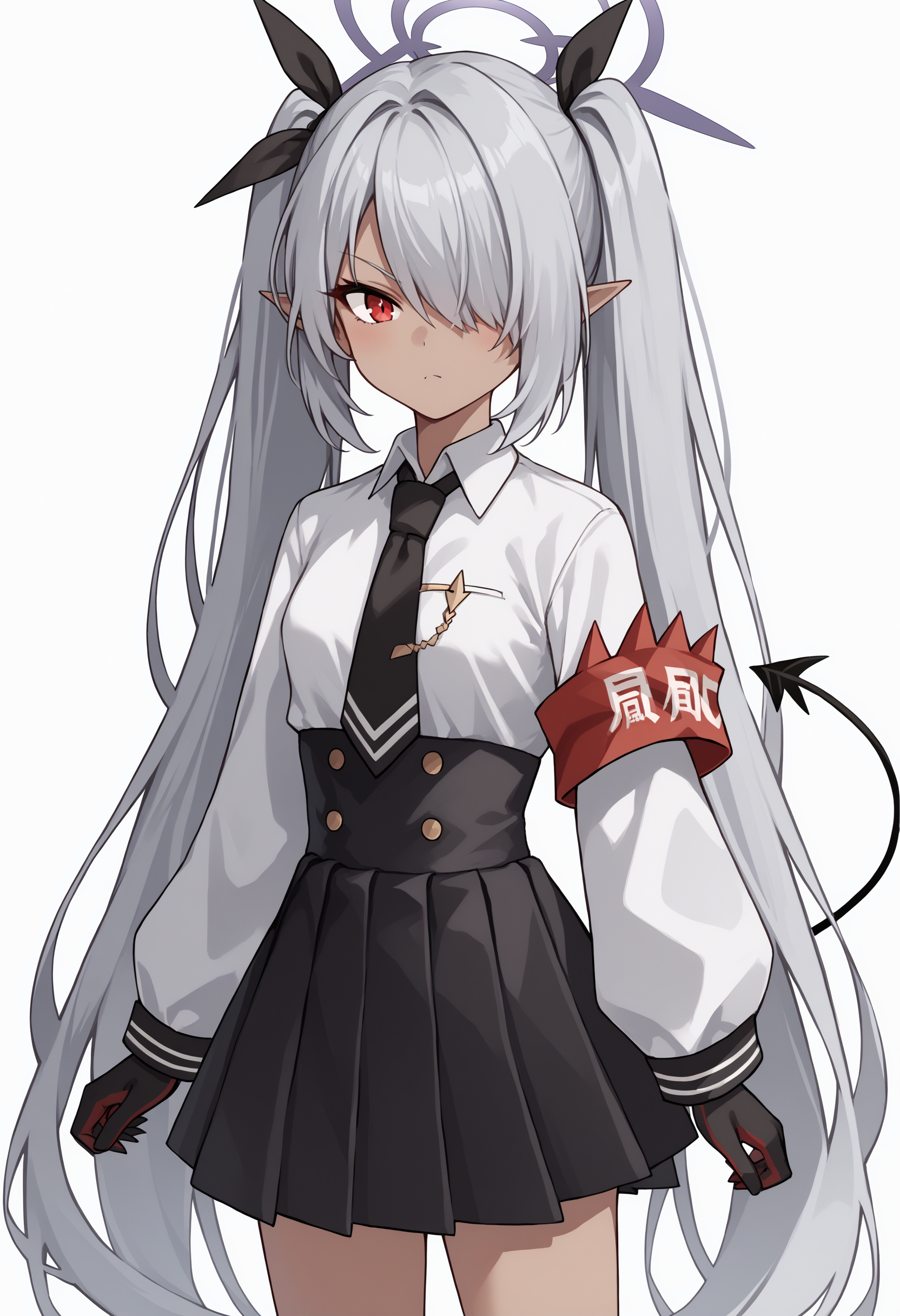 score_9, score_8_up, score_7_up, source_anime, sidef, red eyes, dark skin, dark-skinned female, pointy ears, grey hair, hair over one eye, twintails, very long hair, hair ribbon, black ribbon, halo, demon tail, white shirt, long sleeves, black necktie, red armband, black gloves, black skirt, high-waist skirt, pleated skirt, looking at viewer, simple background, white background<lora:ShiromiIoriPonyXLv6:1>