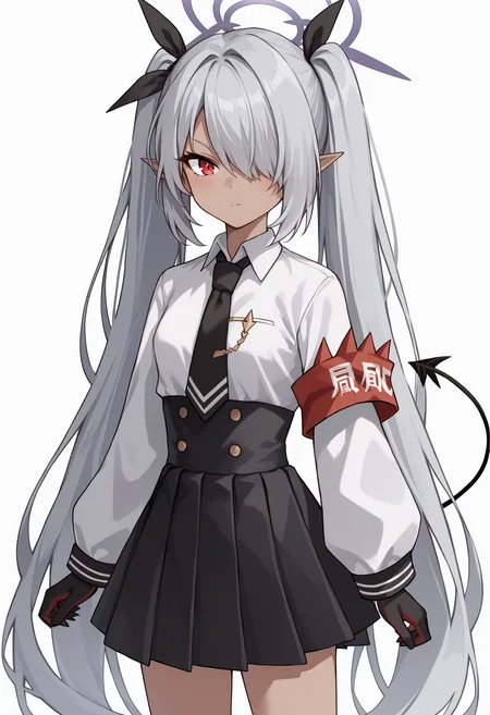 score_9, score_8_up, score_7_up, source_anime, sidef, red eyes, dark skin, dark-skinned female, pointy ears, grey hair, hair over one eye, twintails, very long hair, hair ribbon, black ribbon, halo, demon tail, white shirt, long sleeves, black necktie, red armband, black gloves, black skirt, high-waist skirt, pleated skirt, looking at viewer, simple background, white background<lora:ShiromiIoriPonyXLv6:1>