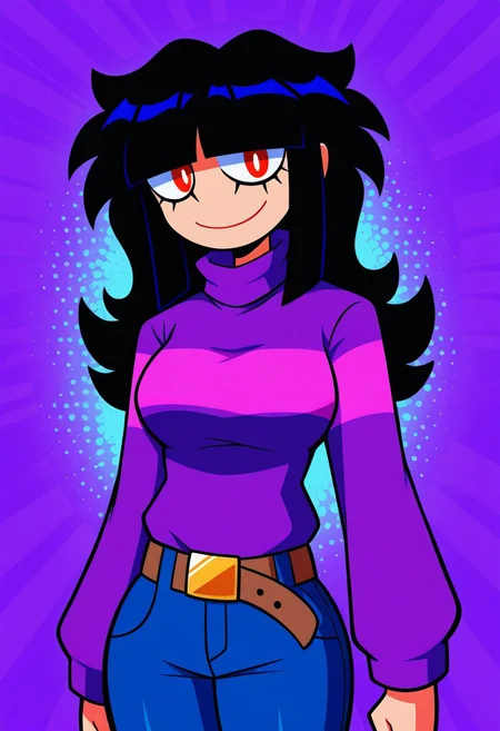 masterpiece, best quality, highres, BREAK, 1girl, solo, sarah henderson, red eyes, white pupils, black hair, long hair, blunt bangs, medium breasts, purple striped sweater, belt, jeans, looking at viewer, smile, standing, cowboy shot, abstract background