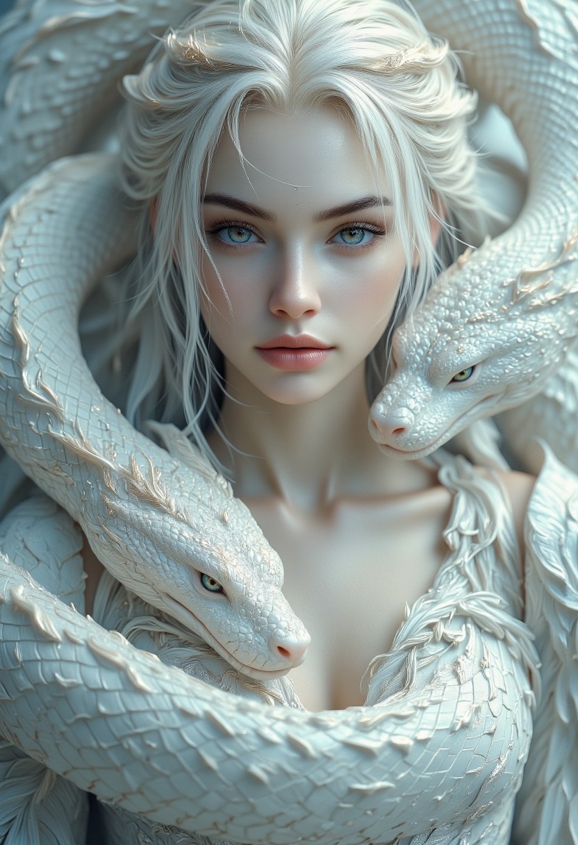 woman with white long hair. white skin. albino. beautiful. white princess dress with an armor. detailed complex patterns. The woman is surrounded by a huge, impressive white snake. The woman and the snake live in harmony with each other
perfection style, detailed background, aidmaMJ6.1, Midjourney_Whisper, Her hair is styled in an intricate and unique fashion, adding to her ethereal and timeless aura, The lighting enhances her features, creating a soft interplay of light and shadow, while the high-resolution quality captures every detail with photorealistic clarity,
