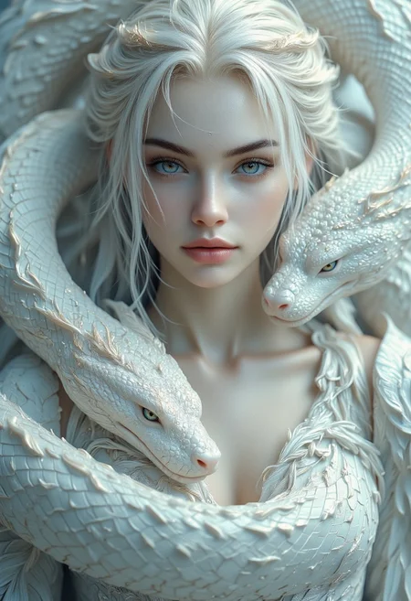 woman with white long hair. white skin. albino. beautiful. white princess dress with an armor. detailed complex patterns. The woman is surrounded by a huge, impressive white snake. The woman and the snake live in harmony with each other
perfection style, detailed background, aidmaMJ6.1, Midjourney_Whisper, Her hair is styled in an intricate and unique fashion, adding to her ethereal and timeless aura, The lighting enhances her features, creating a soft interplay of light and shadow, while the high-resolution quality captures every detail with photorealistic clarity,