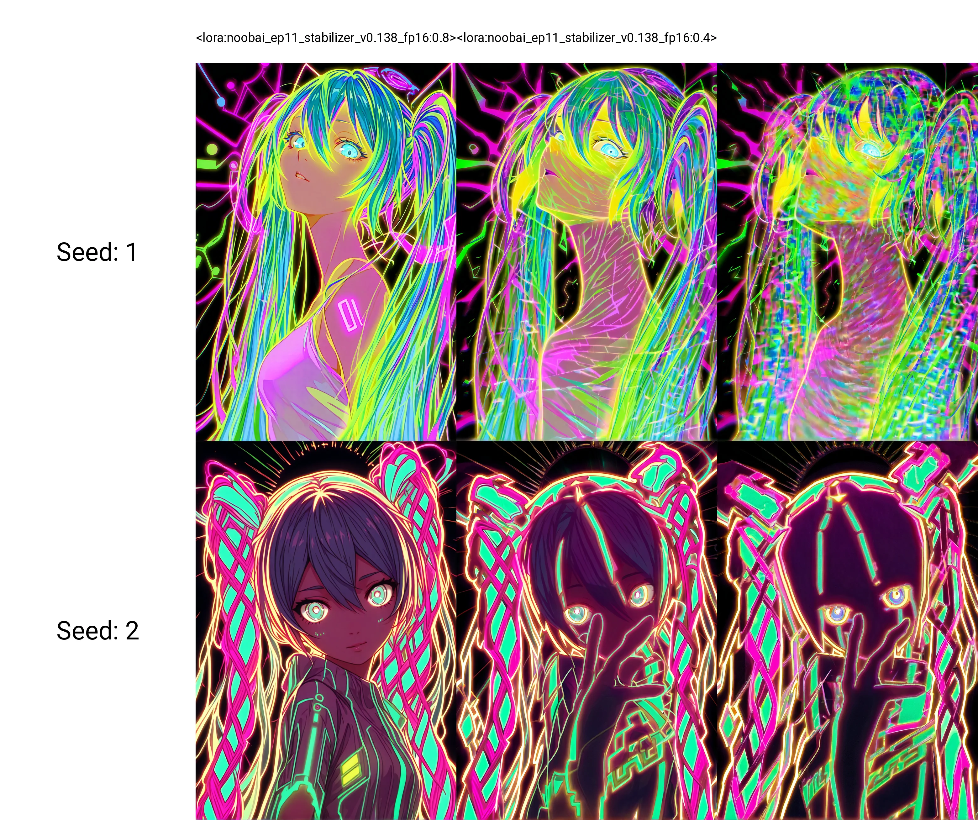 <lora:noobai_ep11_stabilizer_v0.138_fp16:0.8>1girl,Hatsune Miku,black background,colorful,vibrant,upper body,glowing outline,neon,looking at viewer,masterpiece,