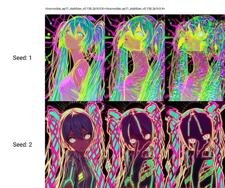 <lora:noobai_ep11_stabilizer_v0.138_fp16:0.8>1girl,Hatsune Miku,black background,colorful,vibrant,upper body,glowing outline,neon,looking at viewer,masterpiece,
