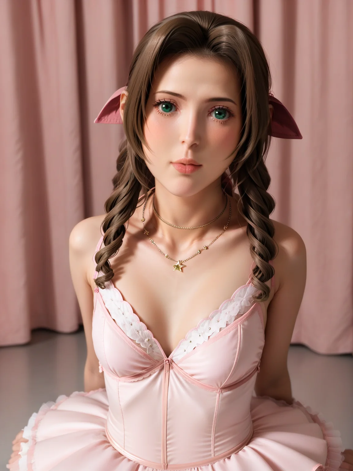 1girl, aerith gainsborough, brown hair, green eyes, hair intakes, long hair, hair ribbon, jewelry, choker, braid, sidelocks, parted bangs, braided ponytail, medium breasts, necklace, lips, breasts, bolo tie, side drill, bangs, collarbone, drill hair, hair bow,
(wearing frilly pink ballerina tutu, frilly tutu, tiara, ballerina)aroused, embarrased , seductive,bare shoulders, bare arms, thighs, (shirome, white eyes, no pupils) <lora:shirome_xl_colors:.5> shirome, white eyes, arms crossed in front, (in the middle of a circus tent, center ring circus, star of the show), <lora:ballet_Pony_V1.0:.3>ballerina, ballet, leotard, white pantyhose,tutu <lora:PONYXL_AerithGainsborough_ownwaifu:.9>, cowboy shot