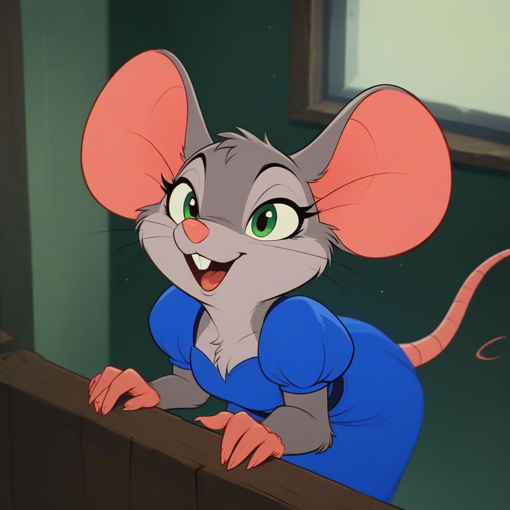 score_9, score_8_up, score_8, solo, (fluffy:0.8), (feral), indoors, furry, (((mouse))), (fluffy cheeks:0.7), (upper body shot), j_cartoon, 1/3_front, upper_3/4, talking, high angle view, (smiling:0.5), seductive, talk, female, green eyes, grey fur, blue dress