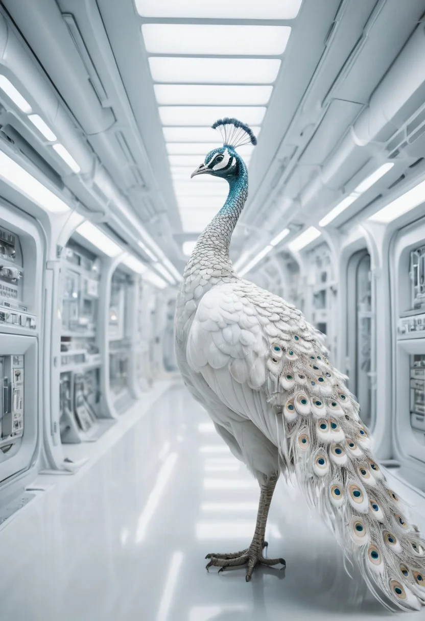 Hyper-detailed photography, stunning white peacock with a completely white plumage in a futuristic space station, sterile white interior, radiant highlights on the peacock’s feathers, natural lighting, analog film, Kodachrome, insanely detailed, 8K resolution, HDR, masterpiece, award-winning photography, fine art photography style