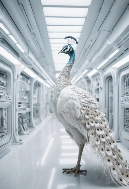 Hyper-detailed photography, stunning white peacock with a completely white plumage in a futuristic space station, sterile white interior, radiant highlights on the peacock’s feathers, natural lighting, analog film, Kodachrome, insanely detailed, 8K resolution, HDR, masterpiece, award-winning photography, fine art photography style