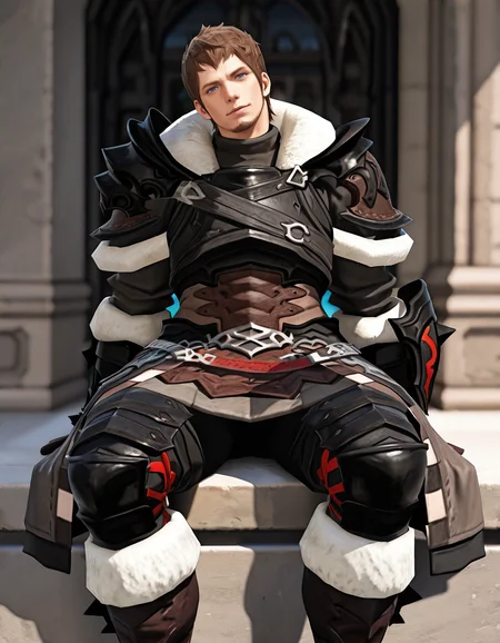 masterpiece, best quality, newest, perfect quality, best quality, detailed background, intricate details, male focus, solo, realistic, <lora:FFXIV - Ardbert Hylfyst - Illustrious 2_3-000004:0.7>, ardbert_ffxiv, 1boy, mature male, short hair, brown hair, blue eyes, goatee, fur-trimmed collar, fur-trimmed pauldrons, armor, fur-trimmed gloves, tassets, fur-trimmed boots, head tilt, looking at viewer, sitting