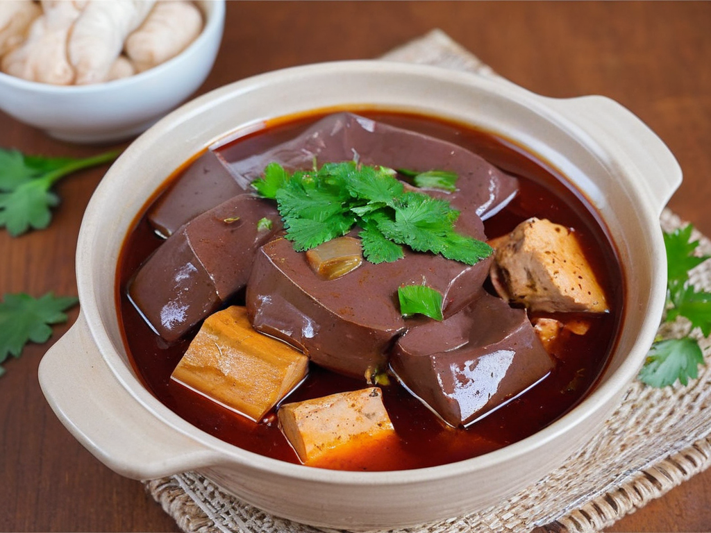 A high-resolution, hyper-realistic image of a bowl of maradofu, a unique delicacy in Taiwanese cuisine. The dish features cubes of duck blood and tofu, cooked in a savory broth and garnished with fresh herbs. The duck blood has a rich, dark color and a smooth, jelly-like texture, while the tofu is soft and creamy. The dish is served in a traditional ceramic bowl, placed on a rustic wooden table. The scene is set in a cozy Taiwanese kitchen, with all elements in sharp focus, creating a clear and detailed image. The lighting should be warm and inviting, highlighting the appetizing qualities of the maradofu and the homely atmosphere of the setting, <lora:maratofu:0.7>