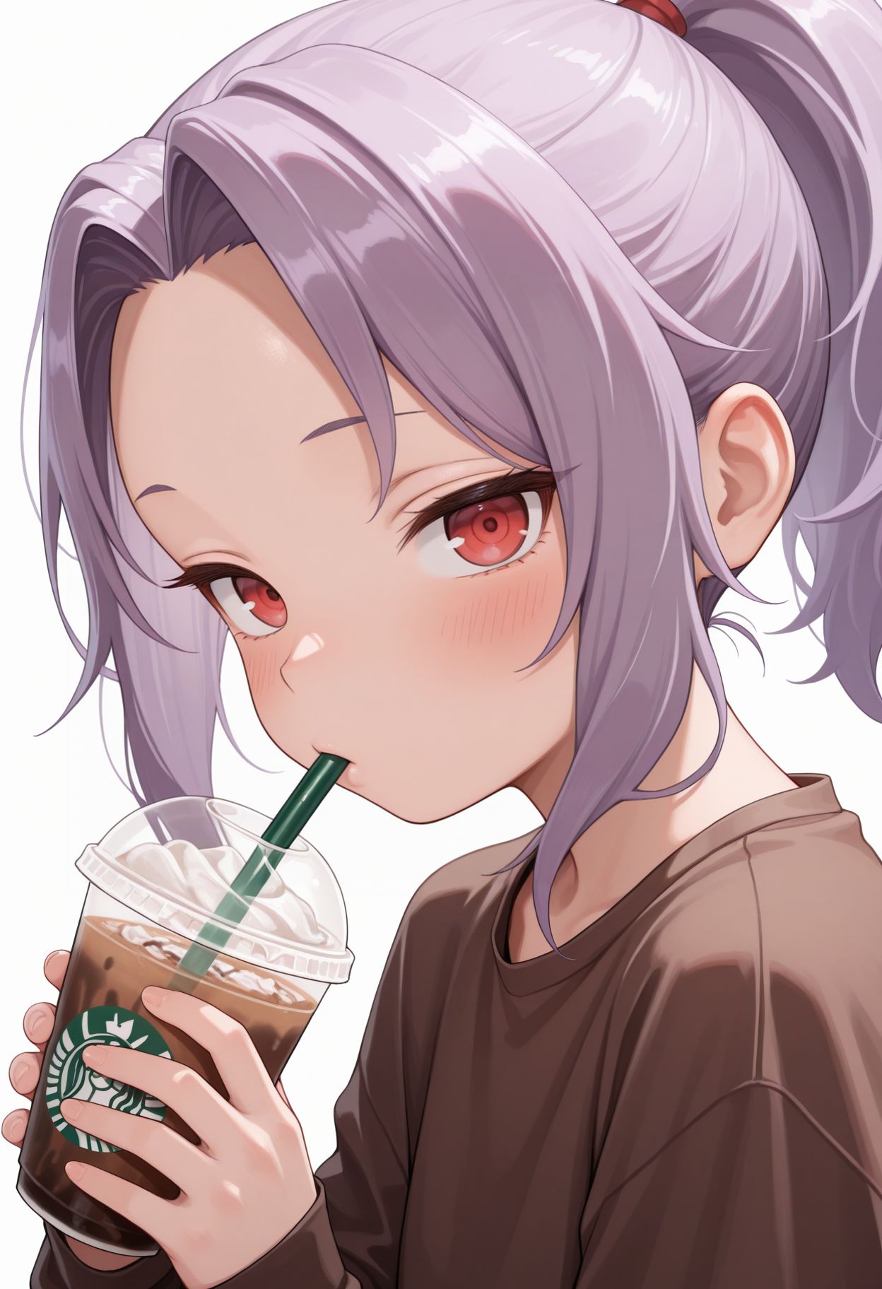 masterpiece,amazing quality,best quality,ultra-detailed,
upper body, close portrait, looking at viewer, disposable cup, drinking straw, holding cup, white background, brown shirt, long sleeves, portrait, blush, upper body, simple background
 <lora:Sazanka Illu:1> 1girl, purple hair, parted bangs, ponytail, red eyes,