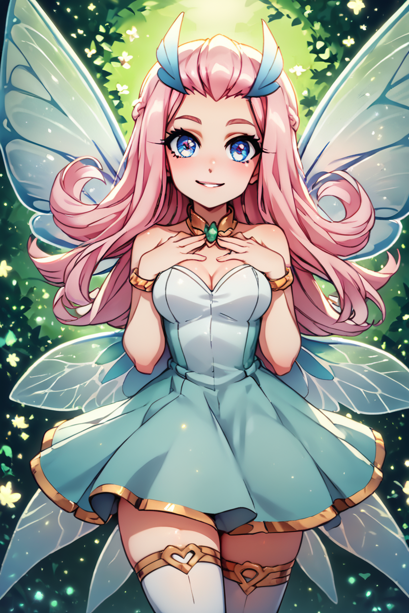 score_9, score_8_up, score_8, medium breasts, (curvy), cute, eyelashes,       BREAK, , zzTasi, blue eyes, pink hair, long hair, fairy wings, dress, thighhighs,   <lora:TasiAFK_PDXL_v2:0.7>,   , BREAK, (warm colors), smile, looking at viewer, cowboy shot, embedding:zPDXL, Expressiveh, <lora:PrismaIllya_PDXL_v3:1.0>,  <lora:SDXLFaeTastic2400:0.5>,  <lora:Expressive_H-000001:0.4>,