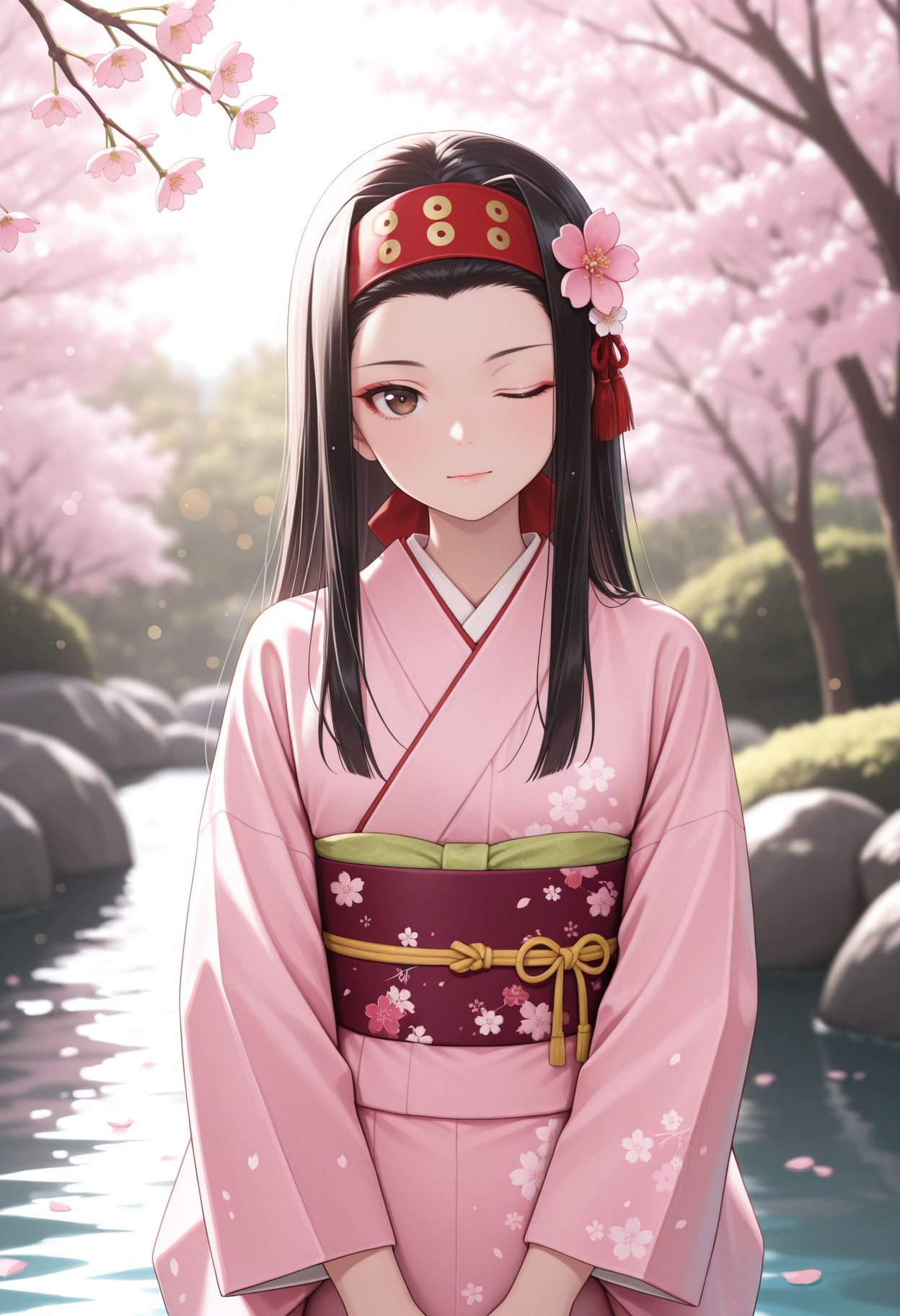 masterpiece,best quality,absurdres,highres,very aesthetic,high quality,detailed,insanely detailed,beautiful,perfect lighting, ,depth of field,blurry background,bokeh, looking at viewer,
 <lora:Saemonaza illu:1>, ,1girl, japanese clothes, long hair, pink kimono, one eye closed, water, black hair, brown eyes, sash, cherry blossoms, headband, hair ornament, hair flower, tree, outdoors, looking at viewer, obi