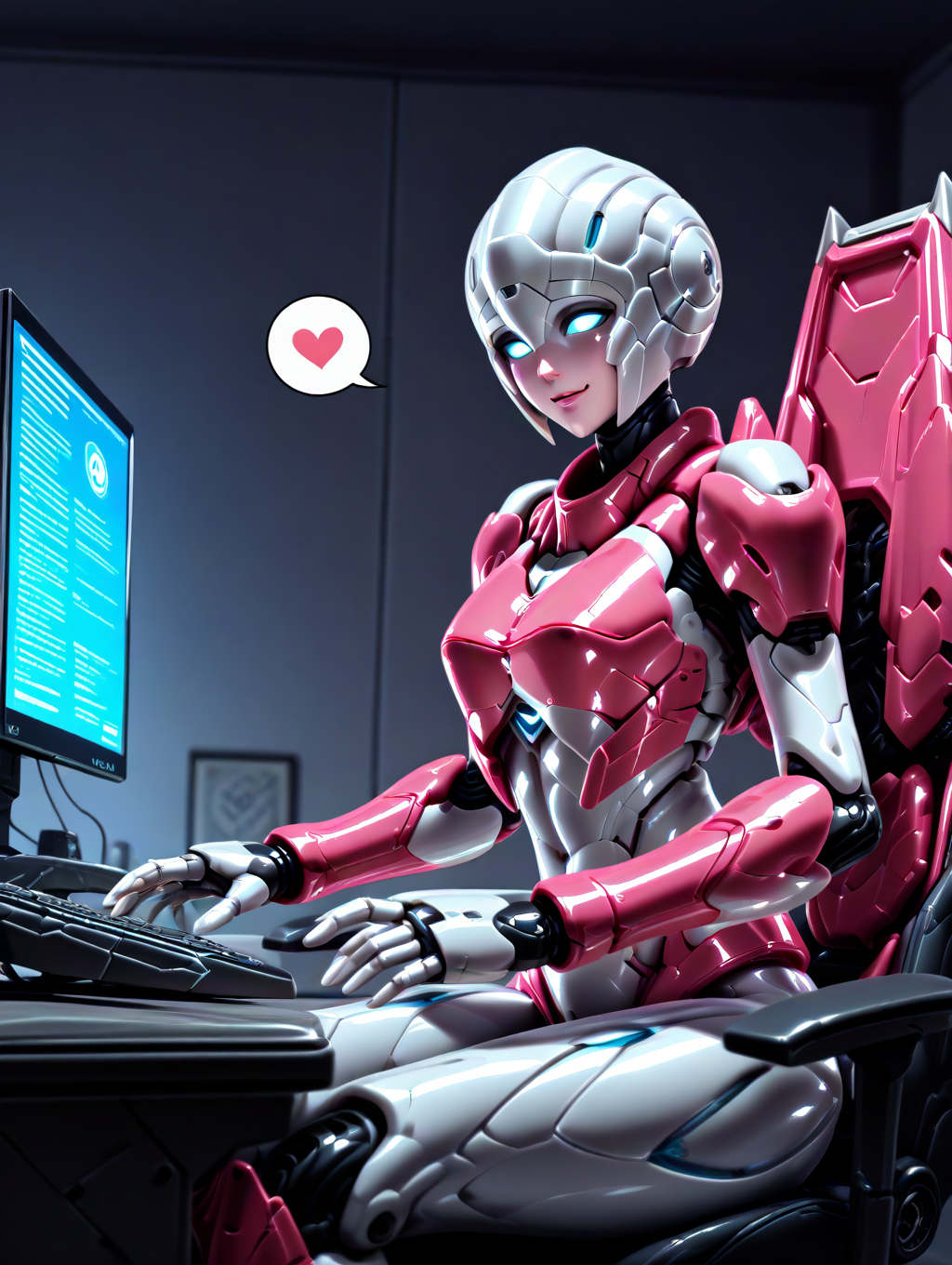 masterpiece, best quality, good quality, very aesthetic, hyper detailed, digital painting, trending on ArtStation, absurdres, newest, 8K, anime screencap, anime coloring, detailed background, offical art, very aesthetics of fine arts, <lora:spo_sdxl_10ep_4k-data_lora_webui:1>, lazypos, <lora:Latex_MBA_style:1>, perfect anatomy, <lora:prompt_extend:1>, <lora:wai-Rectified-s:1>, 
<lora:furaiarceeTF-IL:1>, furaiarcee\(transformers\), 1girl, mecha, robot, autobots, blue eyes, glowing eyes, no pupils, breasts, solo, no humans, science fiction, <lora:handPatchUnet:1>, detailed_hands, elegant_fingers, (petite), cute face, makeup, 
BREAK smile, blush, happy, (spoken heart), sleepy, looking at monitor, hands on keyboard, typing, sitting on gaming chair, playing computer, from side, typing on keyboard, depth of fields, monitor on computer desk, mouse_(computer), gaming computer case, indoors, robot base, cablessitting, indoors, ultra_beautiful