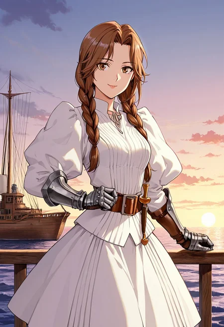 score_9,score_8_up,score_7_up,source_anime,5_figner,2d_animation,game cg,BREAK,1girl,solo,
ferris,gauntlets,white dress,brown hair,long hair,belt,braid,puffy sleeves,twin braids,brown eyes,lips,
medium breast,cowboyshot,smile,
cloud,sea,clipper ship,outdoor,looking at viewer,
masterpiece,best qualit,ultra-detailed,illustration,an extremely delicate and beautiful,beautiful detailed eyes,unity 8k wallpaper,high resolution,anime CG,official_art,