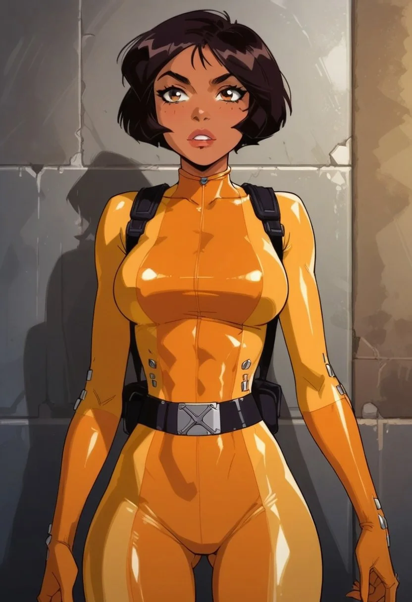 masterpiece,best quality, highly detailed, score_9, score_8_up, score_7_up, score_6_up, source_cartoon, BREAK, 1girl, alexts, brown hair, short hair, brown eyes, brown skin,, athletic, large breasts, yellow bodysuit, hips, thighs,