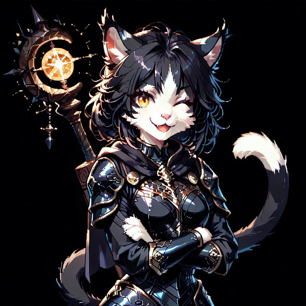 <lora:d3p1x3lXLP:1> d3p1x3l, pixel art, score_9, score_8_up, score_7_up, source_pixel, screencap, (solo), sfw BREAK 1girl, Ember (ESO), anthro, feline, black and white fur, (Beautiful yellow eyes:1.3), (happy expresion cute face:1.3), :3, slim, breasts, face close up, (black armor:1.2), one eye closed, crossed arms, cat tail, (wizard's staff on the back:1.2), BREAK simple black background