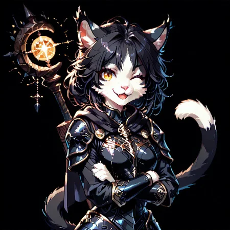 <lora:d3p1x3lXLP:1> d3p1x3l, pixel art, score_9, score_8_up, score_7_up, source_pixel, screencap, (solo), sfw BREAK 1girl, Ember (ESO), anthro, feline, black and white fur, (Beautiful yellow eyes:1.3), (happy expresion cute face:1.3), :3, slim, breasts, face close up, (black armor:1.2), one eye closed, crossed arms, cat tail, (wizard's staff on the back:1.2), BREAK simple black background
