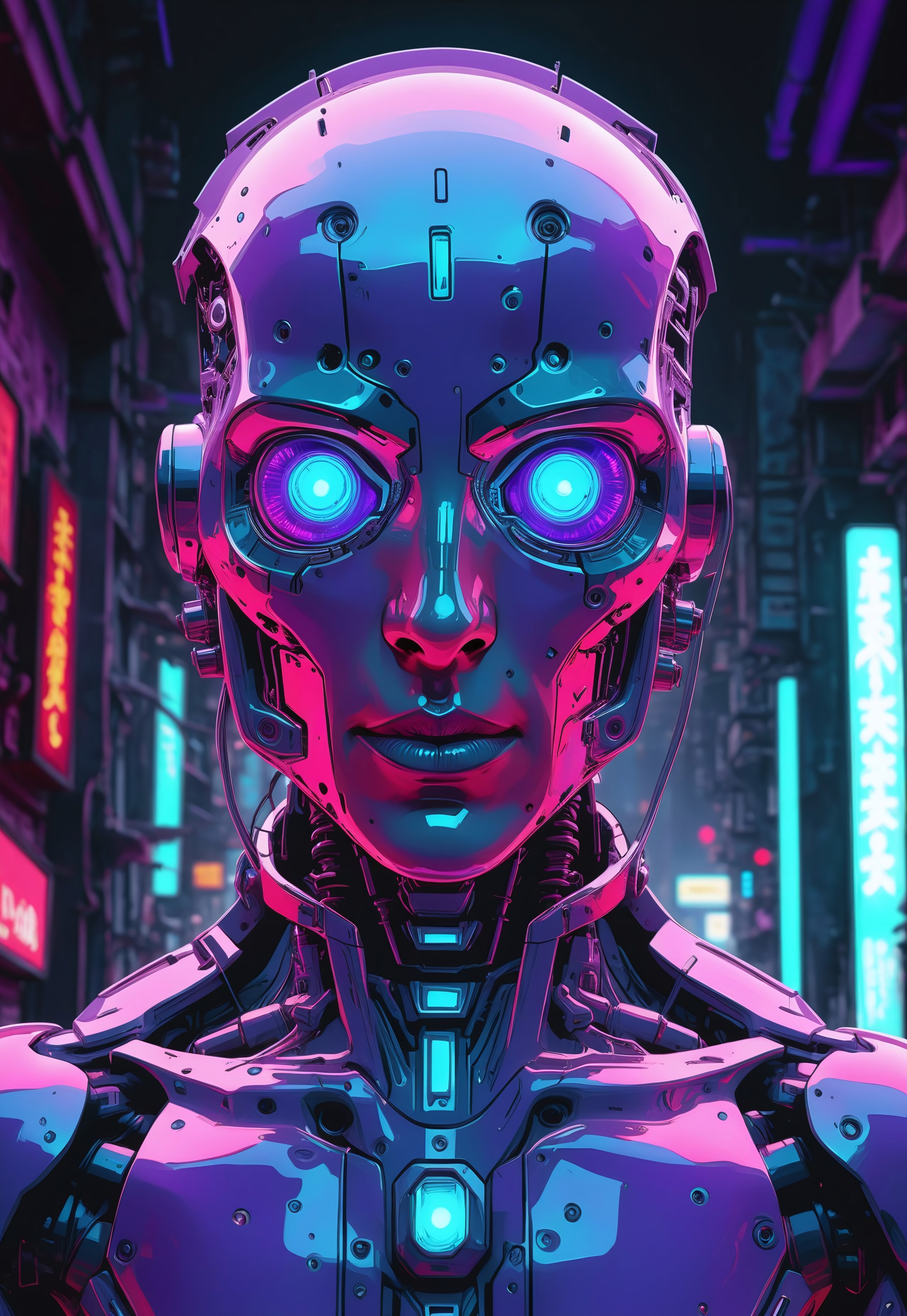 neonfusion, (close-up shot, futuristic, chrome cyborg, mechanical details, cinematic lighting, shiny textures, cyberpunk atmosphere), a hyper-detailed close-up of a futuristic chrome cyborg, its metallic facial features gleaming with a mirror-like shine. The design features intricate, seamless panels, exposed circuitry, and glowing accents in vivid neon blue and crimson. Its eyes radiate an intense light, exuding a captivating presence. The surface is engraved with fine patterns and tiny etchings, showcasing advanced craftsmanship. Wisps of steam escape from small vents around its neck, adding a subtle realism to the scene. The blurred background reveals soft bokeh lights of a cyberpunk cityscape, bathed in hues of purple and teal, amplifying the futuristic, cinematic atmosphere.