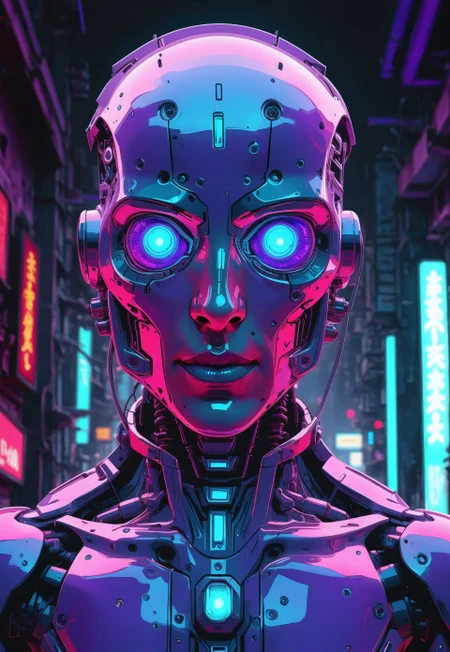 neonfusion, (close-up shot, futuristic, chrome cyborg, mechanical details, cinematic lighting, shiny textures, cyberpunk atmosphere), a hyper-detailed close-up of a futuristic chrome cyborg, its metallic facial features gleaming with a mirror-like shine. The design features intricate, seamless panels, exposed circuitry, and glowing accents in vivid neon blue and crimson. Its eyes radiate an intense light, exuding a captivating presence. The surface is engraved with fine patterns and tiny etchings, showcasing advanced craftsmanship. Wisps of steam escape from small vents around its neck, adding a subtle realism to the scene. The blurred background reveals soft bokeh lights of a cyberpunk cityscape, bathed in hues of purple and teal, amplifying the futuristic, cinematic atmosphere.