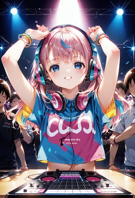 score_9, score_8_up, score_7_up, source_anime, solo, 1girl, MdoHP, Amai Liu, sensual, penetrating look, dominant, upper body, female dj, colorful clothes, quirky, vibrant appearance, playful accessories, creative, imaginative, sensual, spontaneous, DJ headphones, mixing console, music club, nightclub, independent theaters, people dancing on the dance floor, underground nightclub, high quality, skin texture, intricate details, (cinematic lighting),  photo RAW, 8k