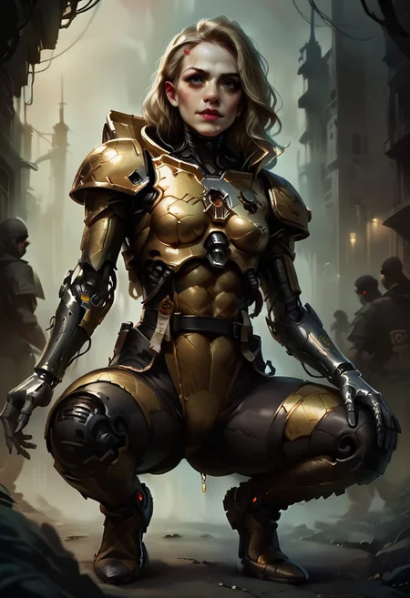 score_9, score_8_up, score_7_up, score_6_up, source_anime, w4rh4mm3r style oil painting, grimdark, petite skinny blonde woman, wearing tight (stealth) body suit with hexagonal pattern, cybernetic arms, crouched on the top of a building overlooking a ruined city, concept art, realistic, dark theme, low light