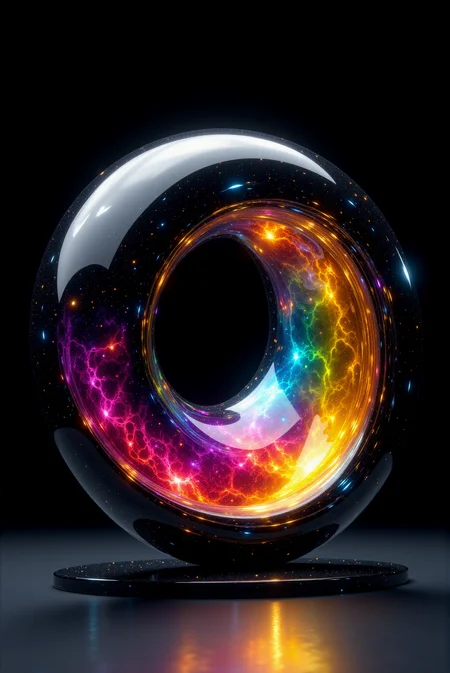 <lora:Vibrantly_Abstract_style:0.8> VibrantlyAbstract style.
A gleaming spiral sculpture forged from polished obsidian curves around a glowing core of swirling rainbow light, floating against a minimalist dark backdrop that emphasizes the vibrant chromatic dynamism within. The surface is smooth as lacquered glass, its edges reflecting ambient gradients while the center erupts in layers of intense radiant color, twisting from golden yellow and scarlet red to cyan blue and deep violet. The spiral's form adheres to golden ratio geometry, with mathematically precise arcs that draw the viewer's eye inward into the hypnotic vortex of glowing fluid texture. Hints of galactic nebulae and iridescent plasma swirl inside, giving the impression that the form encases a fragment of star-forming energy frozen in glass. Light interacts with every fold and curve in the sculpture. With ultra-smooth shading, high-gloss rendering, and complex internal refraction, this design merges physical perfection with cosmic energy in a celebration of mathematical elegance and prismatic power.