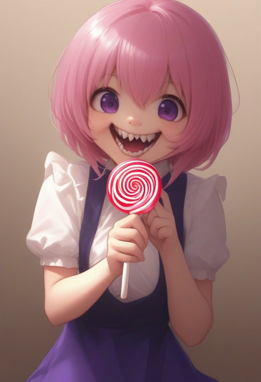 CivChan, purple eyes, pink hair,
(licking a giant lollipop made from teeth, made_from_teef:1.5)