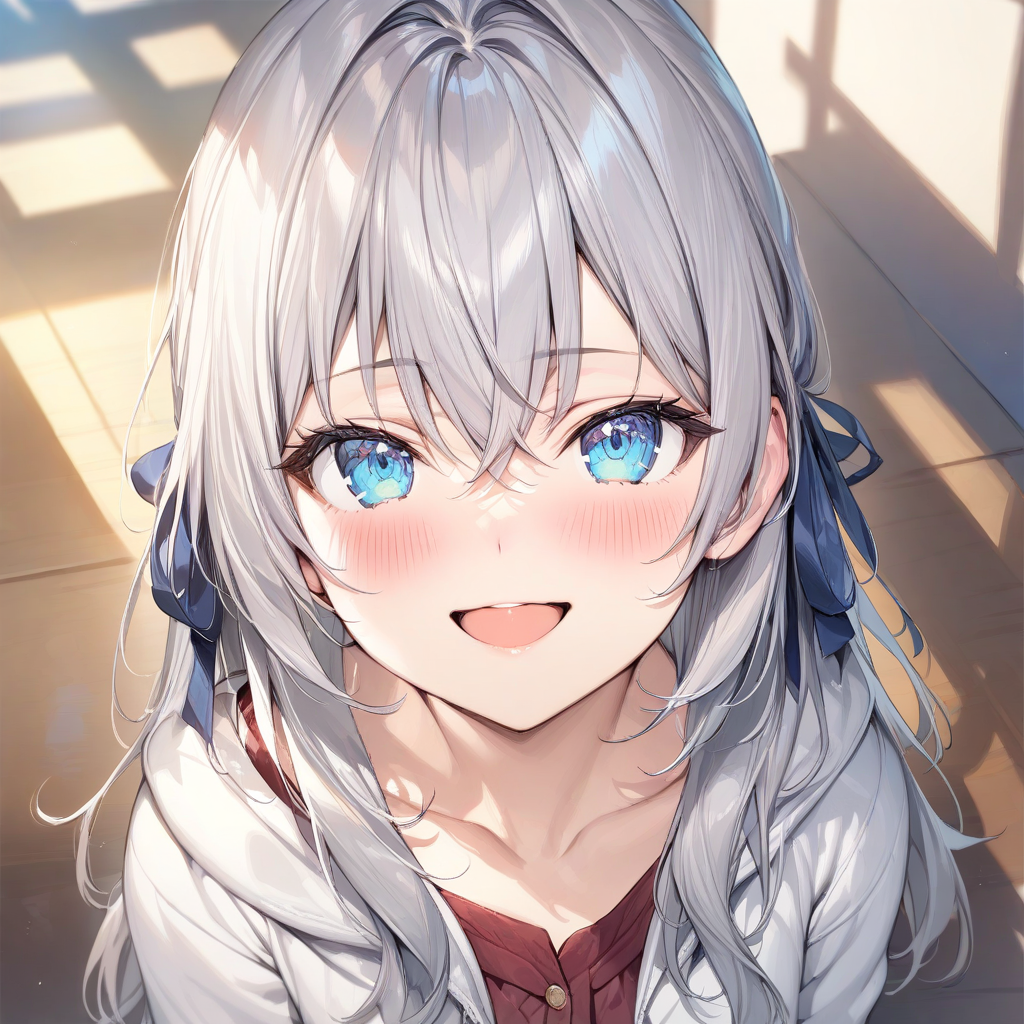 (masterpiece),(best quality),(ultra-detailed),(best illustration),(best shadow),(absurdres),(detailed background),(very aesthetic), alya(roshidere), 1girl, blue eyes, solo, looking at viewer, smile, long hair, hair ribbon, ribbon, blush, hair between eyes,  bangs, grey hair, collarbone, open mouth<lora:XL-Alya(roshidere):1>