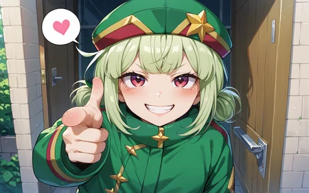 <lora:GOMG_AragaKiwi_PD6XL_1:0.85> <lora:Fingergun_XLPD:0.85> 1girl, solo, AragaKiwi, loving aura, spoken heart, heart \(symbol\), hat, green jacket, green headwear, grin, finger gun, pointing at viewer, outdoors, POV doorway, score_9, score_8_up, score_7_up, source_anime