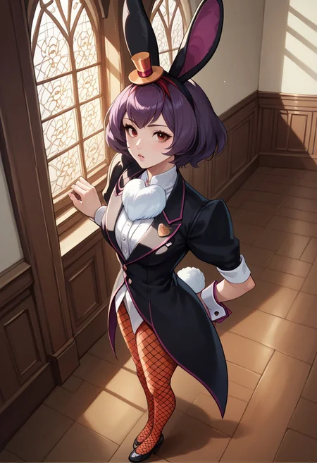 anime artwork, score_9, score_8_up, score_7_up, score_6_up, score_5_up, solo, perfect eyes, detailed eyes, beautiful female, detailed face, dynamics lines, 20 year old, perfect beautiful face, long eyelashes, sharp eyes pupils, (inside the palace:1.3), medium breasts, 1 girl,  purple hair, short hair red eyes, rabbit ears, top hat, lop ear (black coattails:1.2), fishnet pantyhose, above view, (full body:1.3) side view
